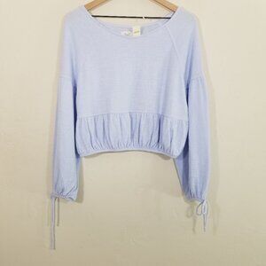 NWT Aerie Oversized Cotton Blend Cropped Long Sleeve Top Blue Size S